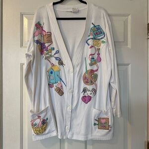 Vintage Lightweight Cardigan White Puffy Paint Art Craft Supplies Size XL Tall